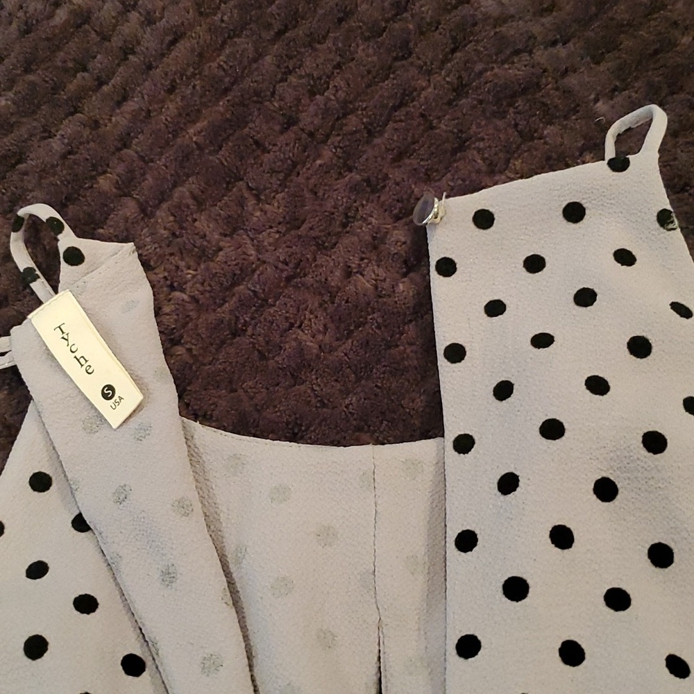 Tyche Polka Dot Spaghetti Strap Front Tie Flocked Romper. Size S, M, L - Picture 4 of 7